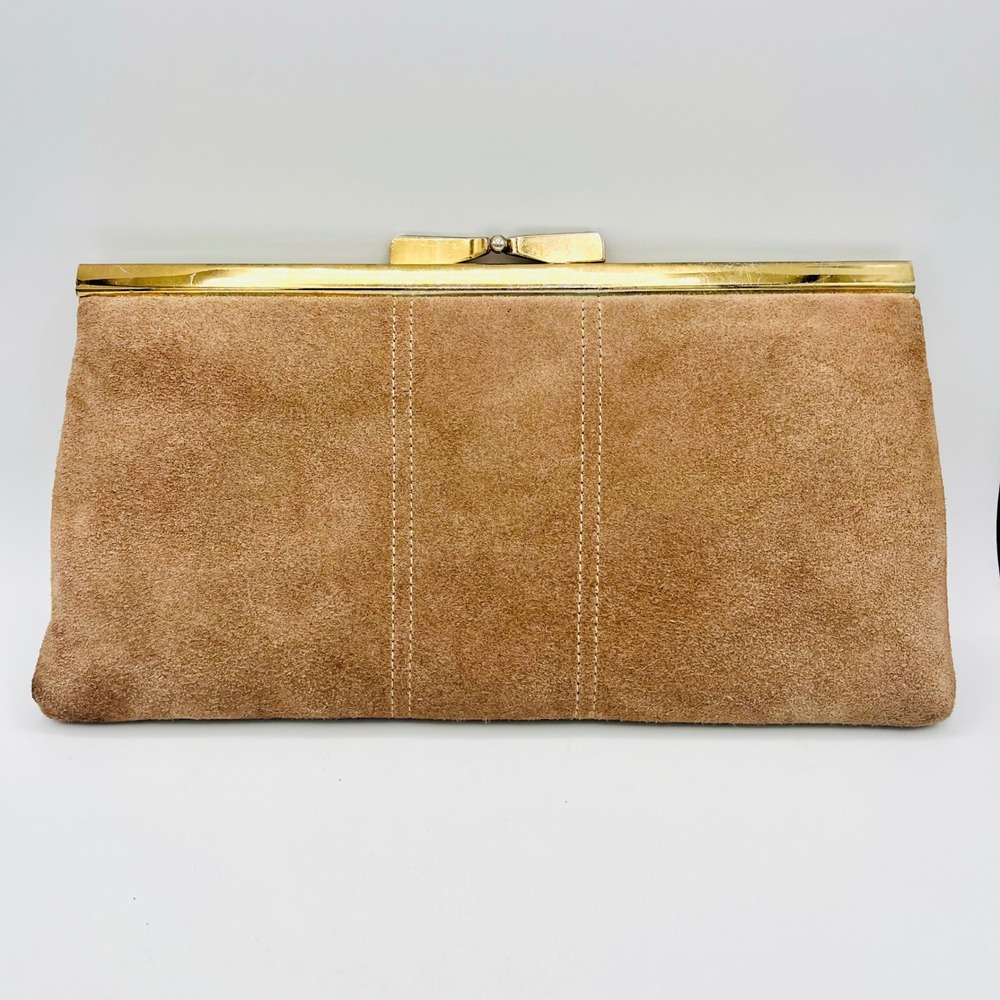 Vintage Tan Suede Clutch Bag Gold Bow Clasp Evening Chain Strap Handbag